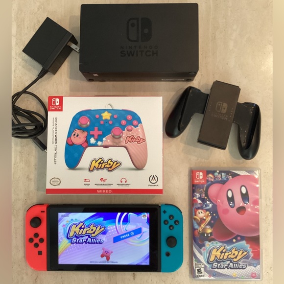Nintendo Switch System Console Handheld & Kirby Game & Controller Grip Original - Picture 2 of 16